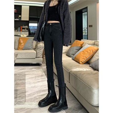 灰黑色高腰小腳牛仔褲女2026年春季新款修身緊身顯瘦加絨鉛筆褲子