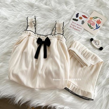 吊帶睡衣女士夏季純棉夏天短褲2024新款帶胸墊杏色背心甜美兩件套