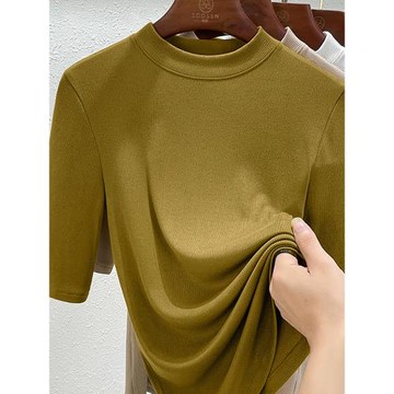 2025秋裝新款螺紋白色t恤女半袖正肩立領顯瘦五分袖百搭時尚上衣