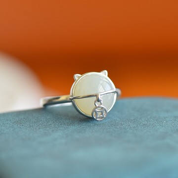 阿里拍賣撿漏S925銀鑲和田玉白玉招財貓戒指時尚簡約女款玉石指環