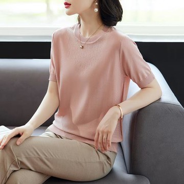 媽媽夏季2025新款薄T恤中老年洋氣短袖小衫中年女夏裝針織上衣服