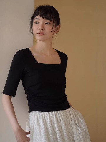 氣質顯瘦方領上衣高彈棉混紡螺紋針織中袖通勤基本款T​​卹