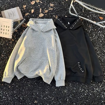 時尚潮流連帽大學T男秋冬新款休閒百搭寬鬆上衣男