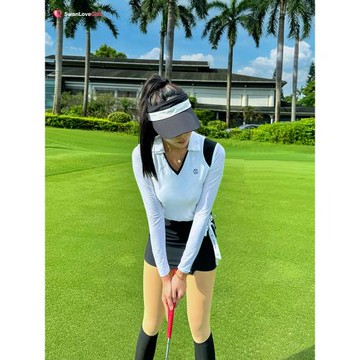 2025新款高爾夫服裝女夏季冰絲防曬V領長袖T恤女飄帶包臀短裙套裝