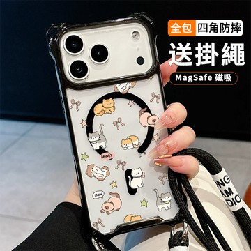 蝴蝶結貓咪 送掛繩透明手機殼 磁吸防摔透明殼 適用 iPhone 17 16 16e 15 14 13 12 11保護殼