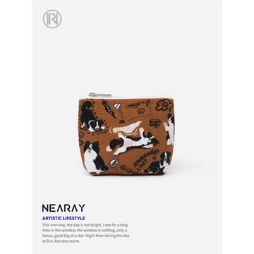 尼睿x小短腿 新款零錢包復古印花卡包可愛小狗耳機證件收納小包包