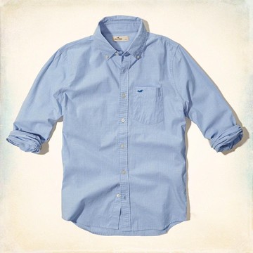 美國百分百【全新真品】Hollister Co. 襯衫 HCO 長袖 上衣 海鷗 水藍色 素面 口袋 男 S號 F472