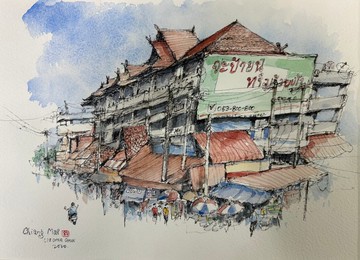 清邁市場-手繪原創淡彩畫