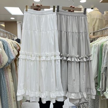 森系甜美木耳邊拼接A字半身裙女垂感顯瘦花邊蛋糕裙氣質白色長裙