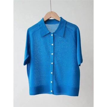 (免運)克萊因藍氣質polo領冰絲短袖針織開衫女夏季新款軟糯輕奢短款上衣