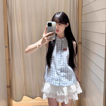 【WYZ】韓系穿搭 藍色格子襯衫女2026夏季新款無袖法式絕美上衣高級感別緻漂亮小衫