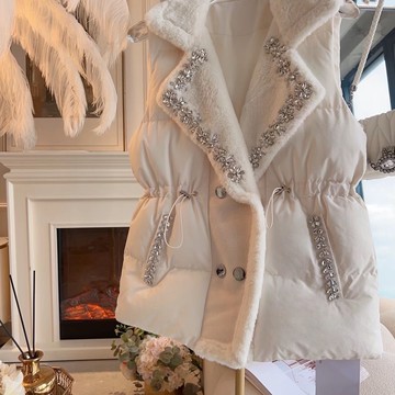 羽絨棉加厚馬夾外套女2025年秋冬新款重工鑲鉆收腰顯瘦面包服馬甲鑫弘-素時衣櫥