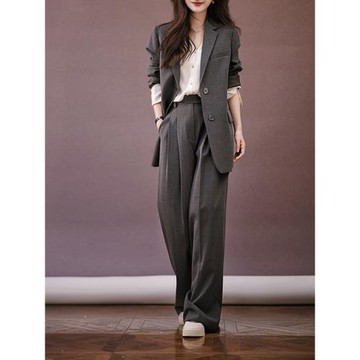 高級感西裝套裝女2025春秋新款韓版氣質顯瘦灰色西裝闊腿褲兩件套