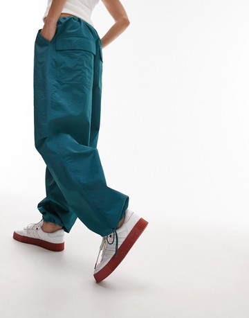 Topshop oversized balloon nylon cargo parachute trouser in teal-Blue