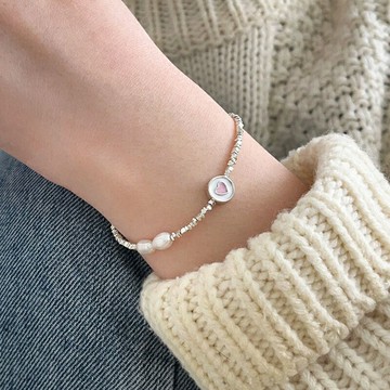 【巴黎精品】現貨+預購 925純銀手鍊珍珠手鏈-圓牌愛心小碎銀ins女飾品a1bo41