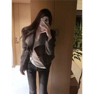 美式復古洋氣小眾設計感翻領麂皮機車夾克短外套上衣2026冬季新款