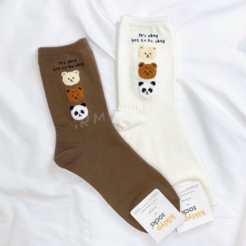 韓國襪子 中筒襪 三隻毛毛熊 台灣現貨 || 毛茸茸小熊疊羅漢呆萌動物小頭正韓中長襪 熊熊白色百搭長棉襪 || 愛亂買
