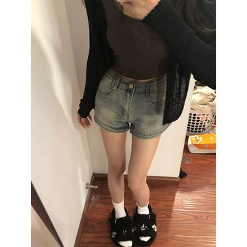 牛仔超短褲 美式復古辣妹裝 夏季小個子高腰修身顯瘦A字褲【不二雜貨】