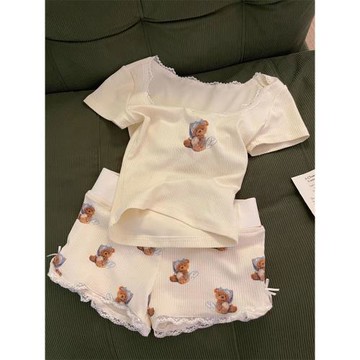 好看到心巴！可愛小熊印花蕾絲邊睡褲女夏季辣妹居家外穿緊身短褲