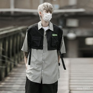 日係假兩件襯衫男短袖潮流痞帥條紋馬甲襯衣夏季寬鬆薄款休閒外套 UVQF