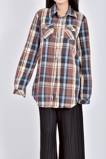 (S) stile benetton格紋棕色長袖上衣