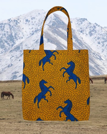 非洲風格棉質托特包，黃藍馬匹圖案 (African Print Cotton Tot
