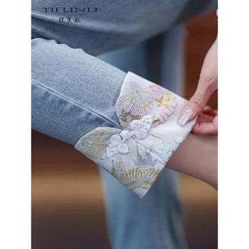 (免運)卷邊刺繡新中式直筒牛仔褲女2025新款春夏季高腰顯瘦九分煙管褲子