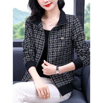 外套女秋冬新款中年女士短款棒球服時尚格子百搭媽媽開衫外搭上衣