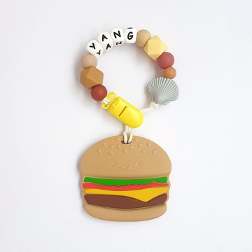 客製化 YANG 奶茶色 奶嘴鍊夾 漢堡固齒器 / 奶嘴鏈可套香