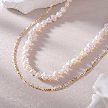 [銅合金]MARIGOLD海之戀淡水珍珠雙層項鍊【KMD536】-金