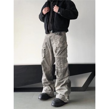 【綁帶多口袋】甄枚前大口袋cleanfit直筒寬松做舊臟染工裝褲牛仔