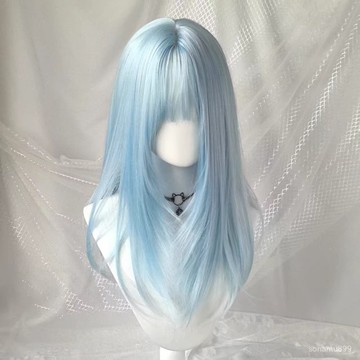 髮飾館🥇假毛60cm高層次薄荷冰藍長直髮顯白齊劉海日常時尚夏季全頭套自然 逼真 造型裝扮 修飾臉型 新款 增加髮量