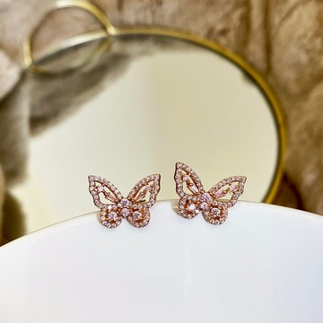 優雅氣質通體925純銀粉色鑲鉆蝴蝶耳釘簡約超仙森系小眾耳環女1入