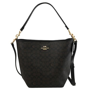 COACH CT802 馬車LOGO印花皮革兩用水桶包.深咖/黑邊