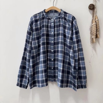 柔美抓皺領口袖口棉質文藝格紋襯衫286515