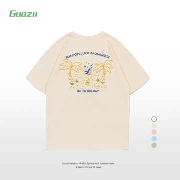 Guozii奶杏色正肩短袖t恤女純棉寬松2022夏季海灘印花上衣情侶裝
