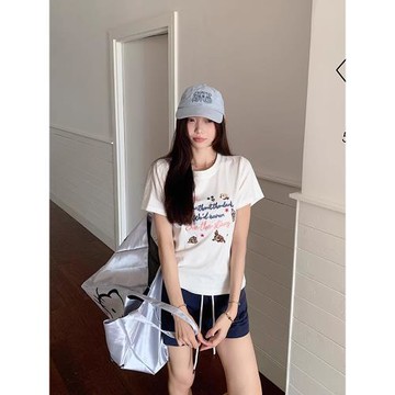 可可里字母卡通刺繡T恤秋季新款修身短袖上衣休閑打底衫短款女ins
