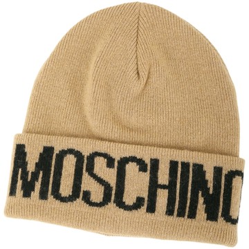 MOSCHINO 字母反摺針織混紡羊毛帽(卡其色)