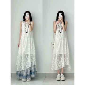 小眾不撞款套裝日系蕾絲無袖背心連衣裙疊穿扎染半身裙女夏兩件套
