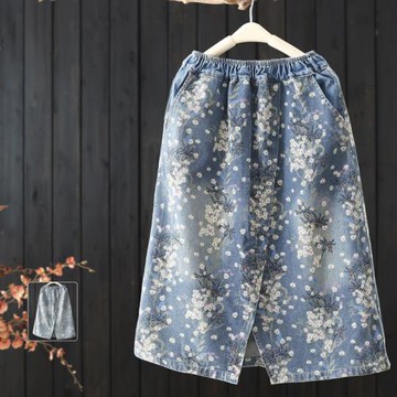 復古印花女夏季中長款開叉牛仔裙