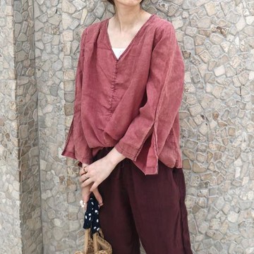 2021春夏新女 日系韓版大碼復古文藝棉麻亞麻苧麻V領顯瘦長袖襯衫