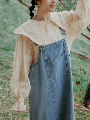 花朵刺繡翻領透膚襯衫上衣