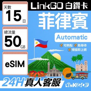 LINKGO白鑽卡 菲律賓 eSIM卡 15天上網卡 總流量50GB 高速流量(菲律賓網卡 宿霧 巴拉望 馬尼拉)