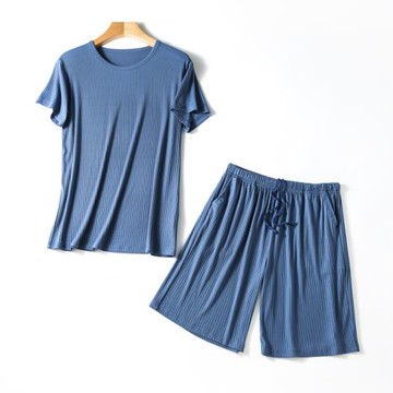 男士青年套頭薄款短袖短褲圓領純色針織家居服睡衣套裝夏季可外穿