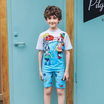 出口歐美男中大童防曬防輻射短袖藍色小魚泳圈短褲休閑分體游泳衣