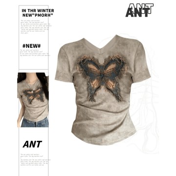 【ANT】復古美式刺繡圖案 蝴蝶結t恤 刺繡 短袖T恤 短版上衣 夏季女裝 設計感上衣 y2k 上衣 短款上衣 v領短袖
