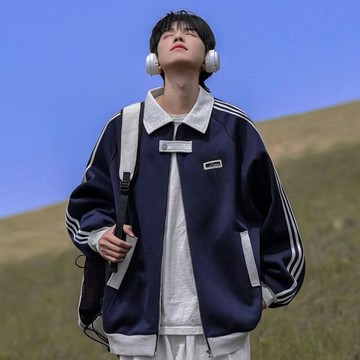 秋季街頭撞色刺繡立領小外套大學T男潮流寬鬆情侶休閒夾克外套男