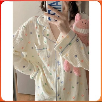 🥇台灣出貨🥇 少女甜美可愛彩色波點睡衣女新款春鞦季軟妹長袖開衫傢居服兩件套 ✨️滿額免運✨️147-12-B