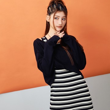 條紋長洋裝+長袖罩衫set組