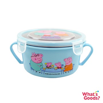 佩佩豬透明蓋450ml隔熱雙耳扣環不鏽鋼碗/餐碗/餐盒(水藍)